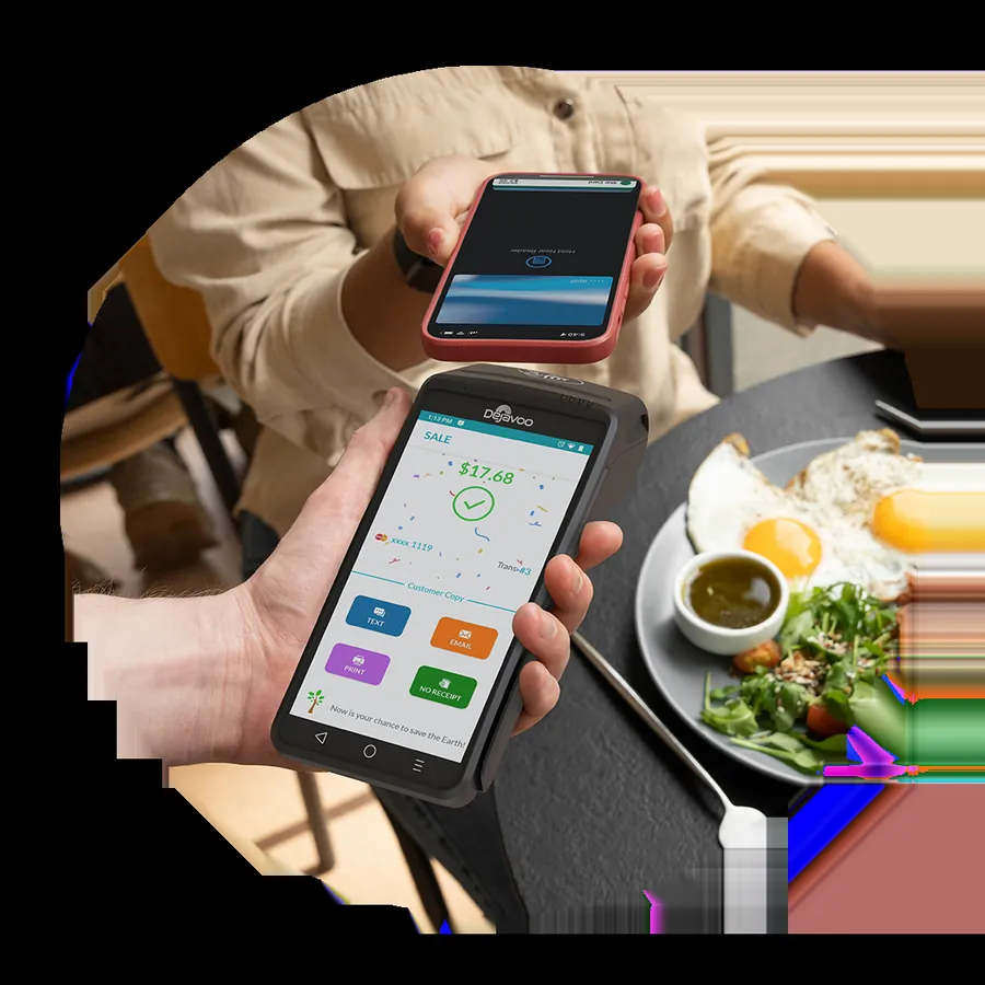 A customer tapping a phone on a Pacta terminal at a cafe table
